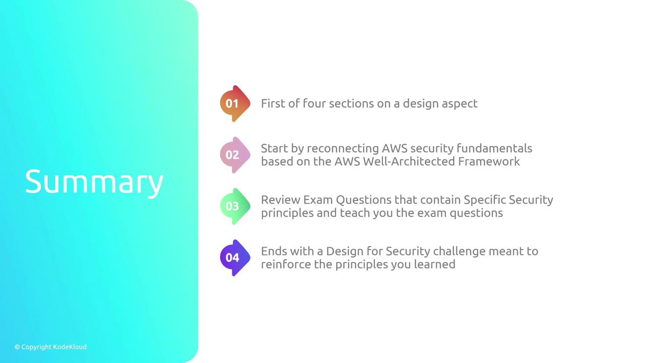 The image is a summary slide outlining four sections related to AWS security, including design aspects, security fundamentals, exam questions, and a security challenge.