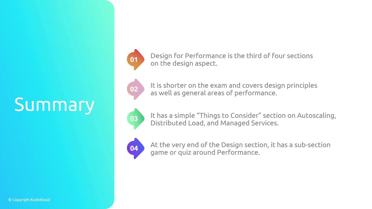 The image is a summary slide outlining four key points about the "Design for Performance" section, including its focus on design principles, performance areas, and considerations for autoscaling and managed services. It also mentions a quiz or game related to performance at the end of the section.