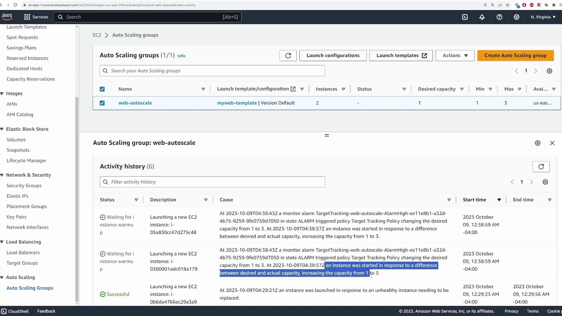 The image shows an AWS EC2 Auto Scaling Groups dashboard, displaying details of a group named "web-autoscale" with activity history logs indicating the launching of new EC2 instances.