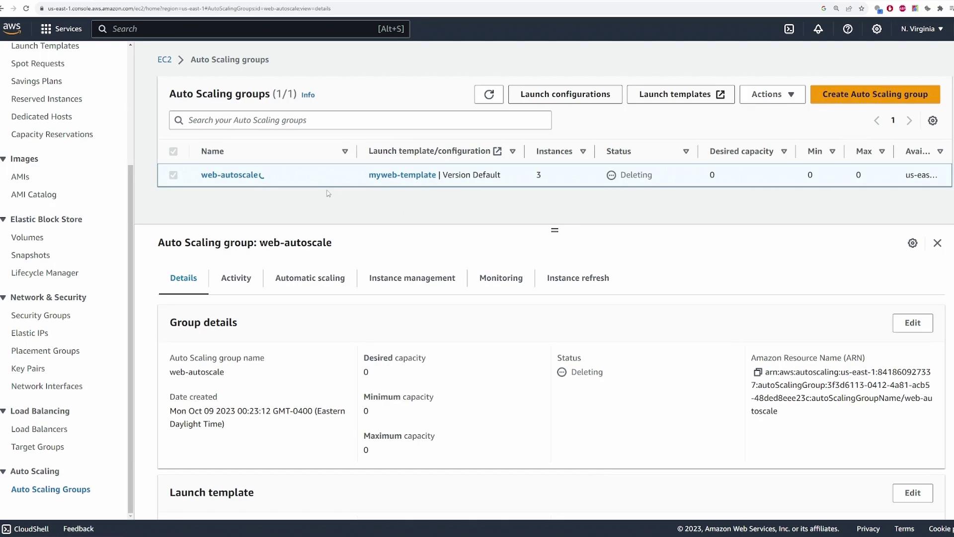The image shows an AWS EC2 Auto Scaling Groups dashboard, displaying details of an auto scaling group named "web-autoscale" with a status of "Deleting."