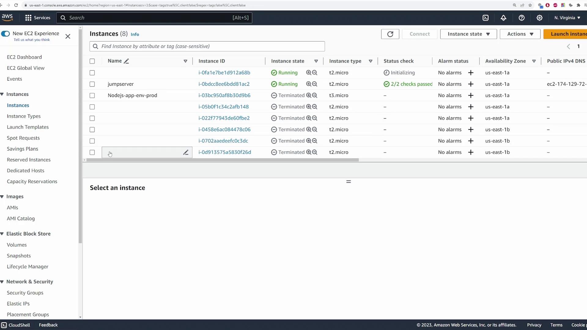 The image shows an AWS EC2 management console with a list of instances, including their states, types, and status checks. Two instances are running, while the others are terminated.