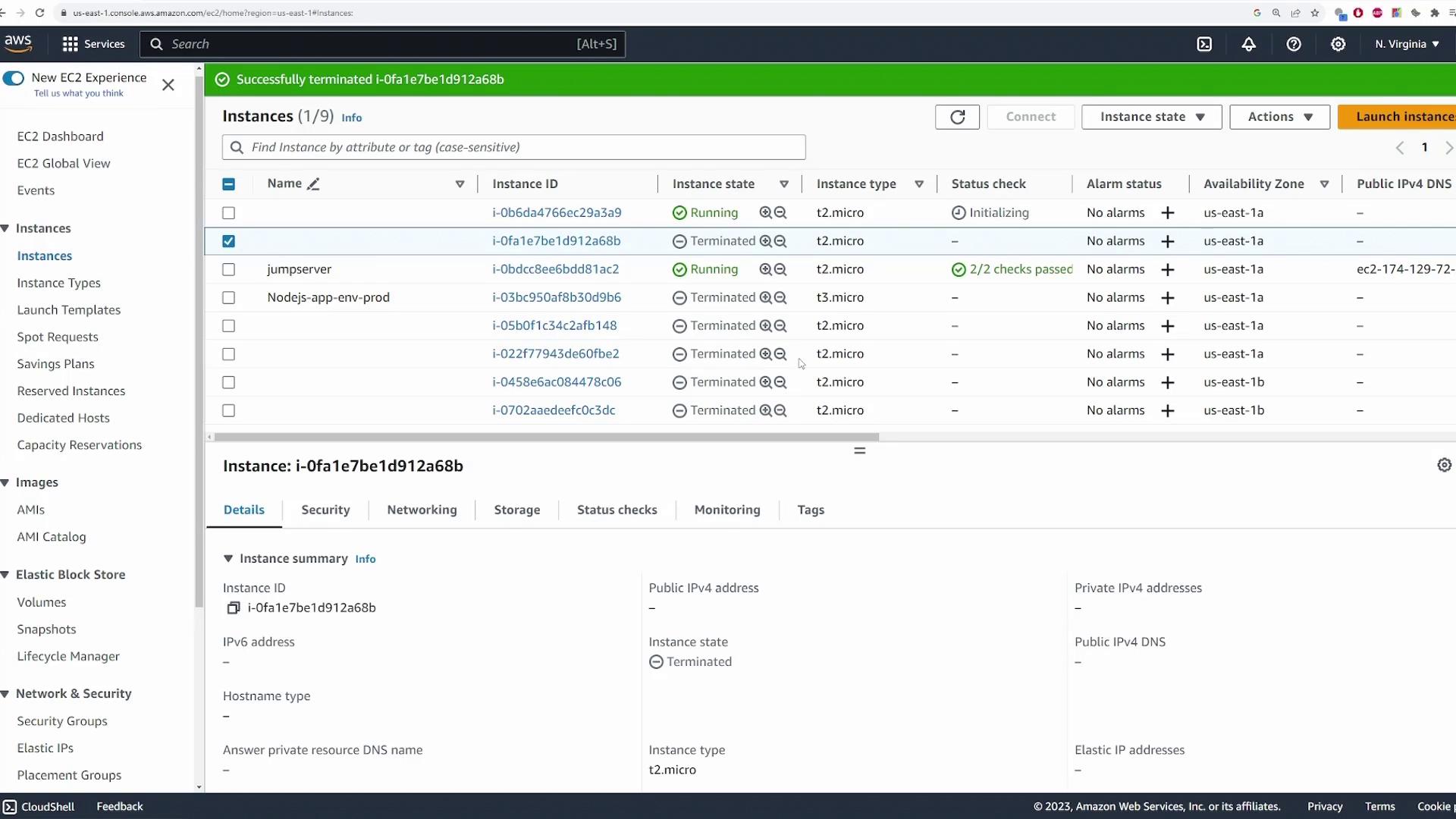 The image shows an AWS EC2 management console with a list of instances, their states, and details about a selected instance, which is terminated.