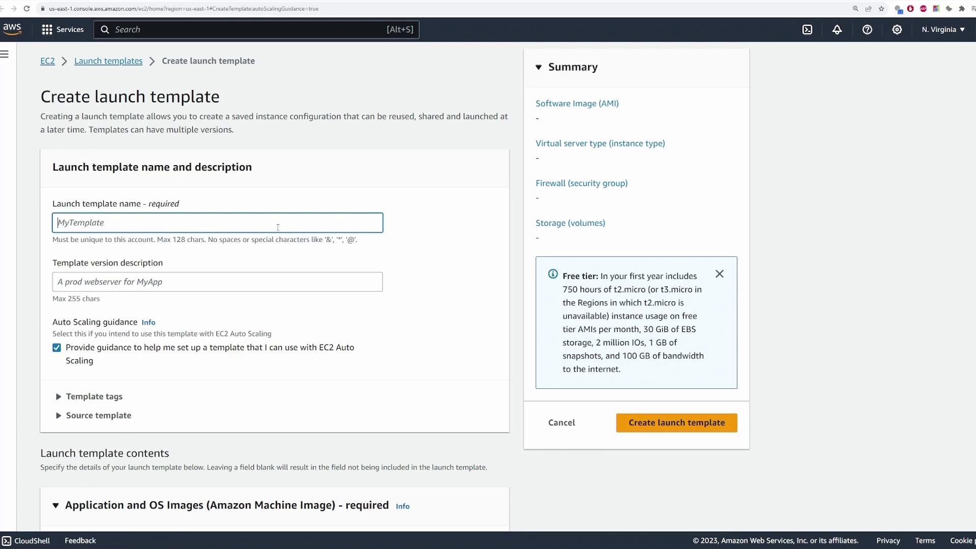 The image shows an AWS console interface for creating a launch template, with fields for the template name, description, and auto-scaling guidance options. A summary section on the right provides information about software image, server type, and storage.