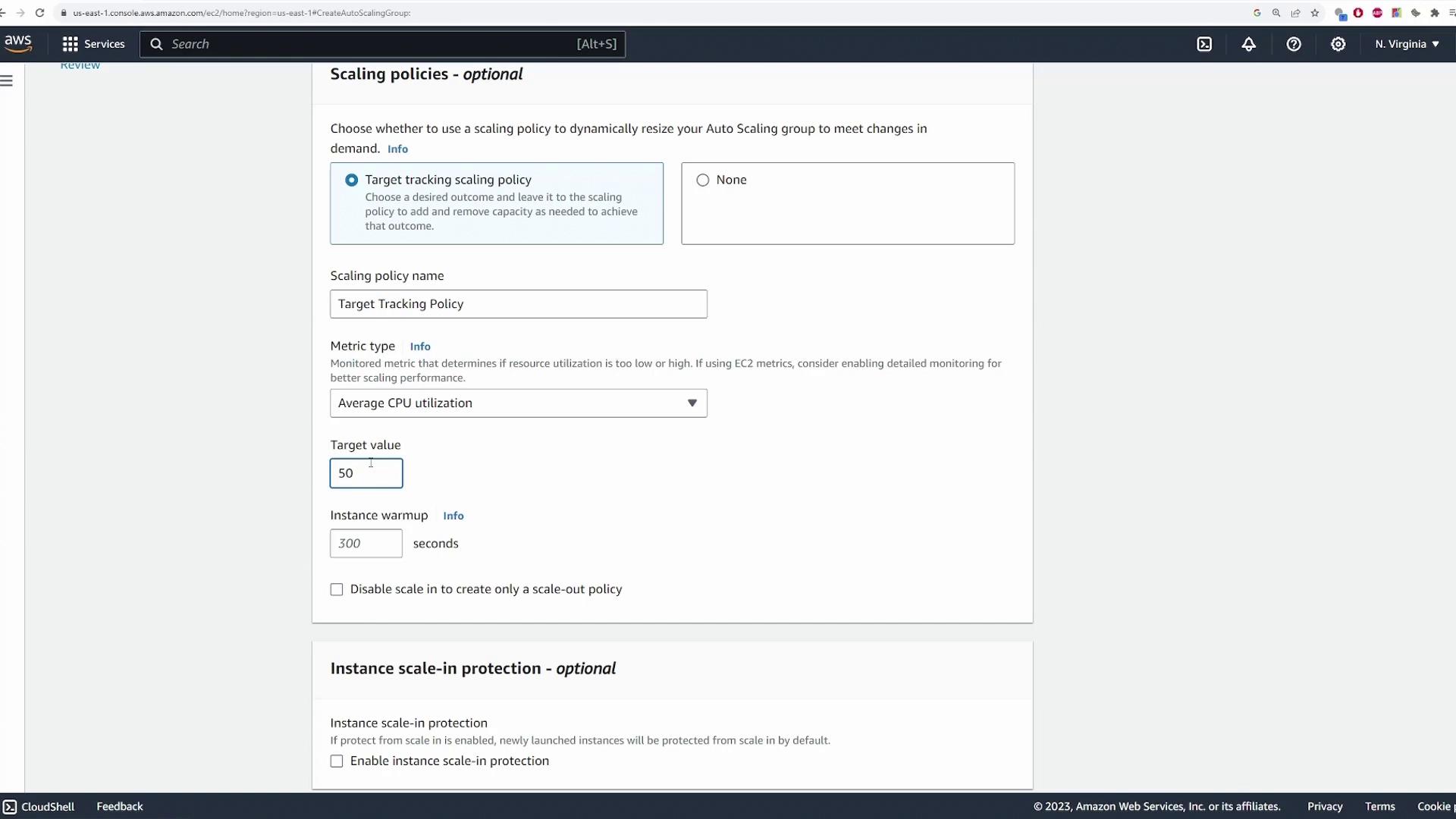 The image shows an AWS console interface for setting up scaling policies, specifically a target tracking scaling policy for auto-scaling groups. It includes options for setting the scaling policy name, metric type, target value, and instance warmup time.
