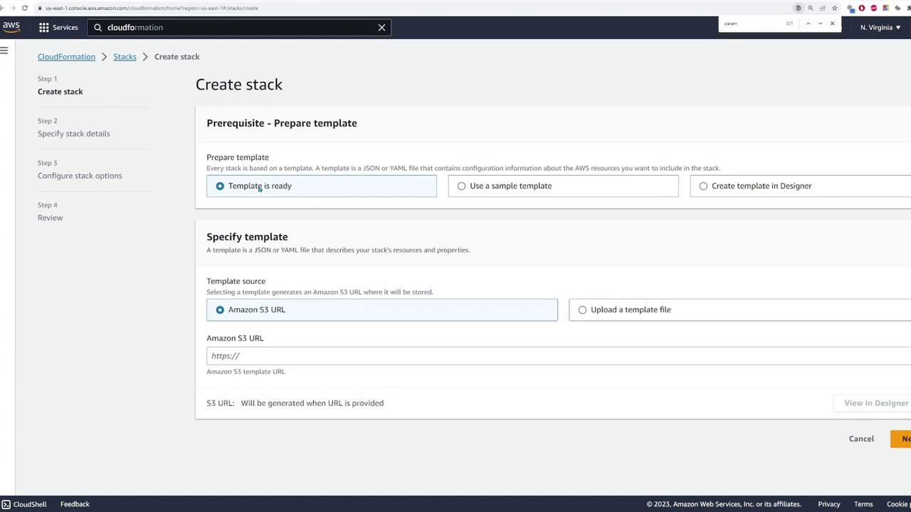 The image shows the AWS CloudFormation console where a user is in the process of creating a stack. It includes options to prepare and specify a template using an Amazon S3 URL or by uploading a template file.
