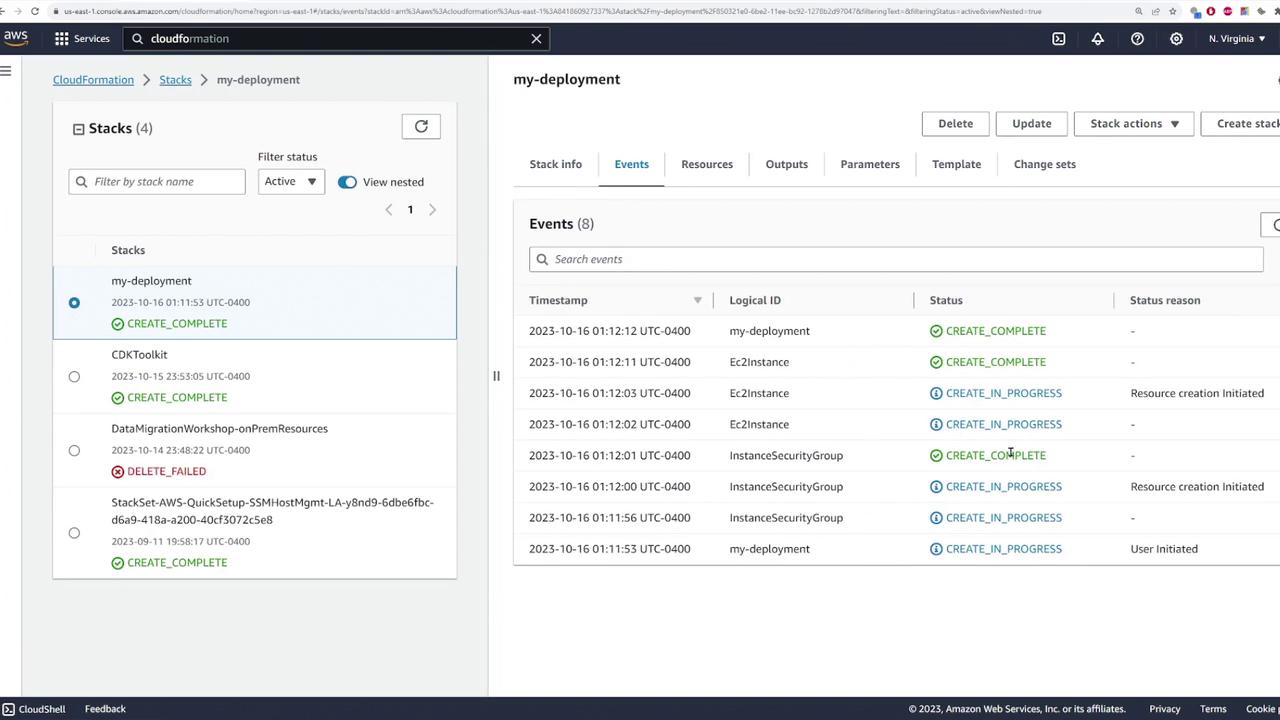 The image shows an AWS CloudFormation console with a list of stack deployments and their statuses. The "my-deployment" stack is highlighted, showing event details such as timestamps, logical IDs, and status updates.