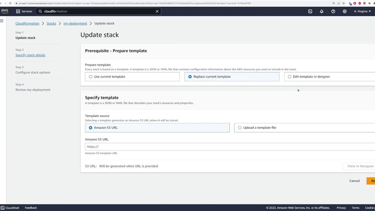 The image shows an AWS CloudFormation interface for updating a stack, with options to prepare and specify a template using an Amazon S3 URL or by uploading a file.