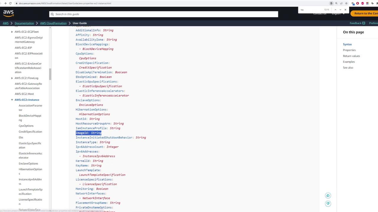 The image shows a webpage from the AWS documentation, specifically the EC2 instance properties section, with a list of parameters and their data types. The left sidebar contains a navigation menu for different AWS services.