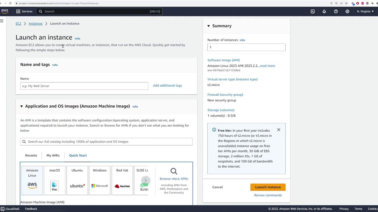 The image shows the AWS EC2 console for launching an instance, with options for selecting the instance name, Amazon Machine Image (AMI), and instance type. A summary section on the right provides details about the selected configuration.