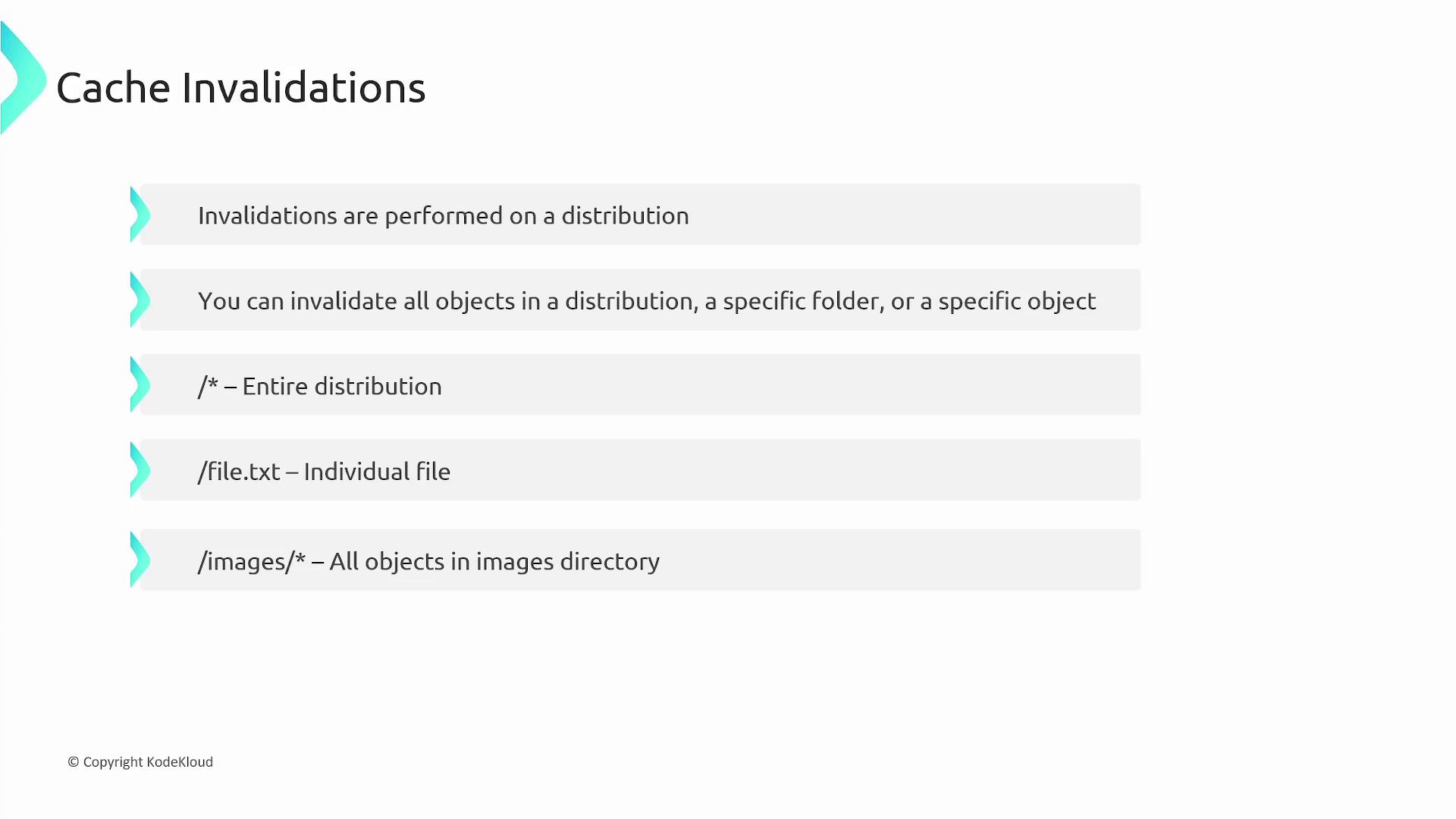 The image is a slide titled "Cache Invalidations," explaining how invalidations are performed on a distribution, with examples for entire distributions, individual files, and specific directories.
