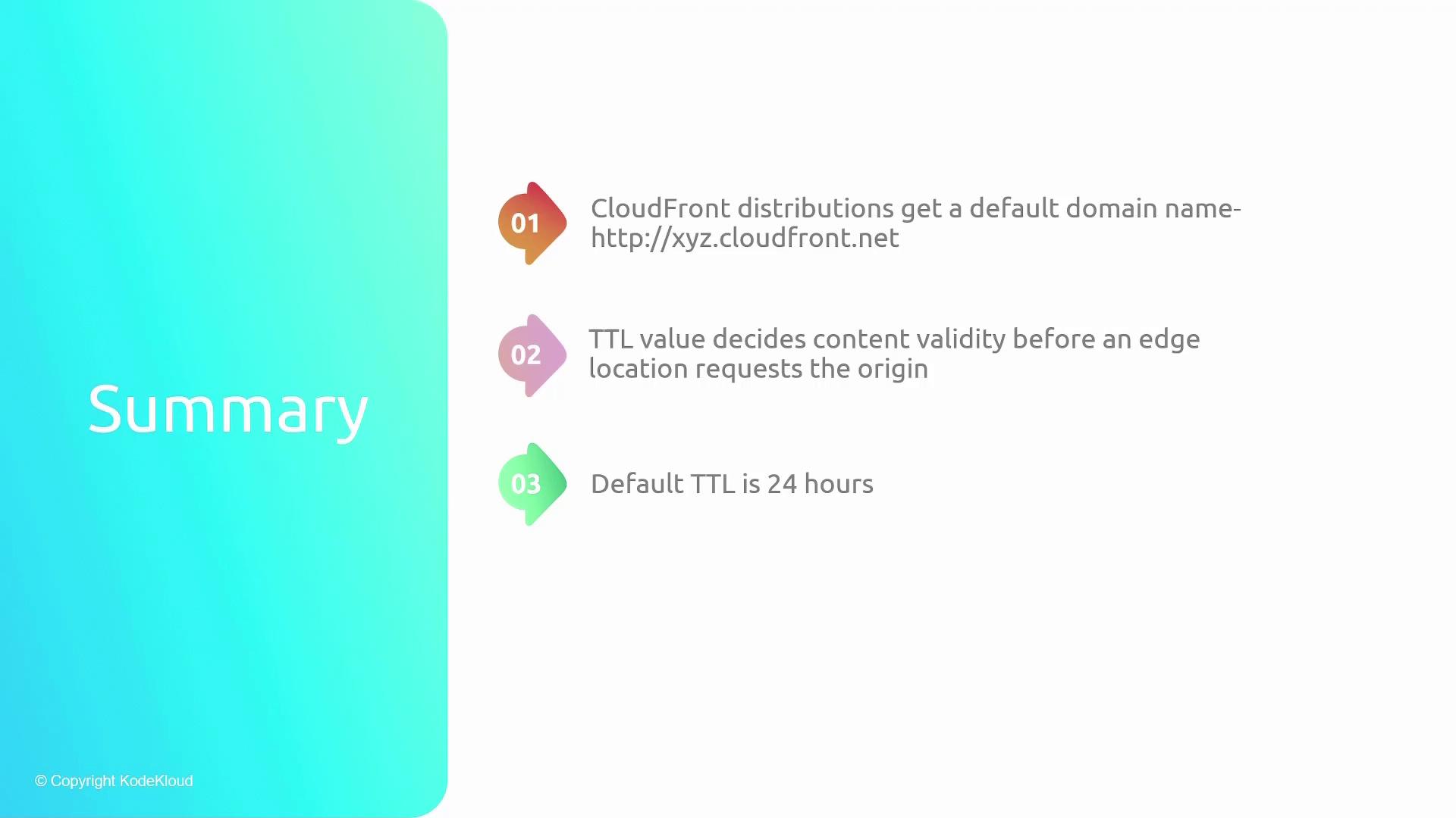 The image is a summary slide about CloudFront, highlighting that distributions get a default domain name, TTL value affects content validity, and the default TTL is 24 hours.