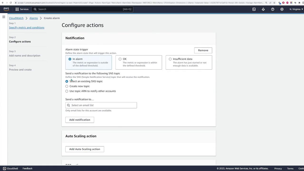 The image shows an AWS CloudWatch interface for configuring alarm actions, including setting notifications via SNS topics and adding auto-scaling actions.
