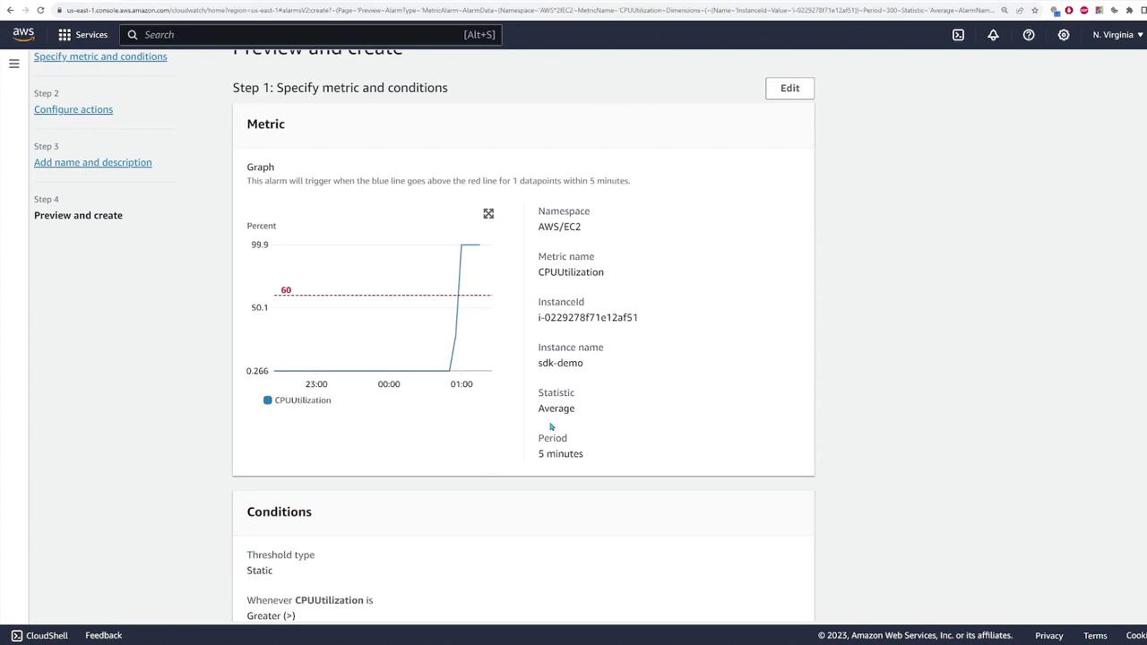 The image shows an AWS CloudWatch interface where a CPU utilization alarm is being configured. It includes a graph displaying CPU usage and settings for the alarm conditions.