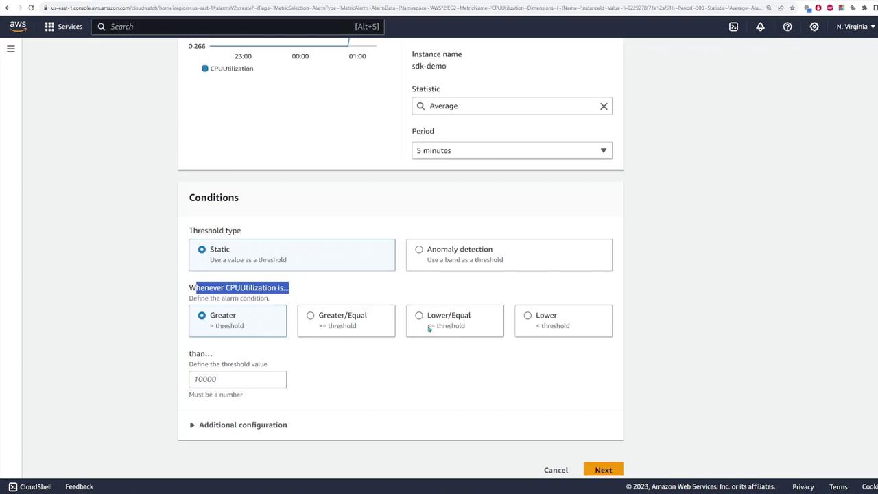 The image shows a configuration screen from AWS CloudWatch for setting a CPU utilization alarm, with options to define conditions and thresholds. The threshold type is set to "Static," and the condition is configured for when CPU utilization is greater than a specified value.