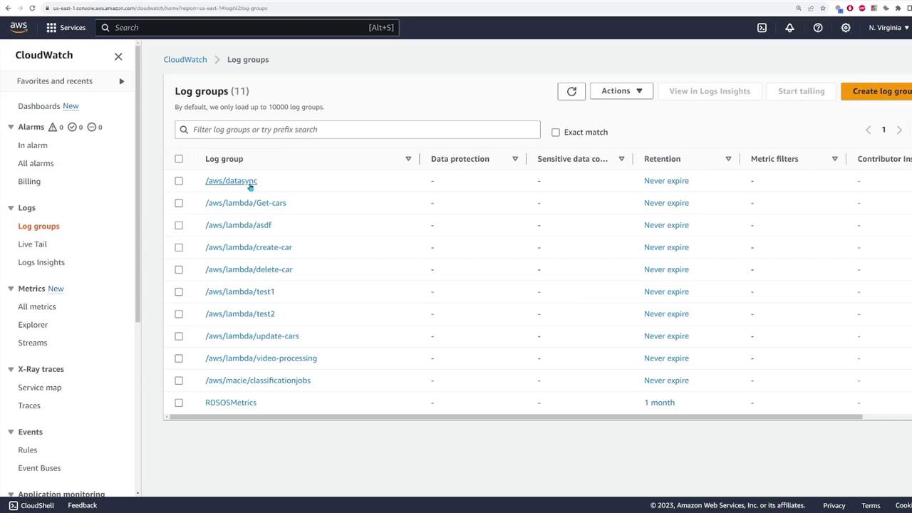 The image shows an AWS CloudWatch interface displaying a list of log groups, each with options for data protection, retention, and other settings.