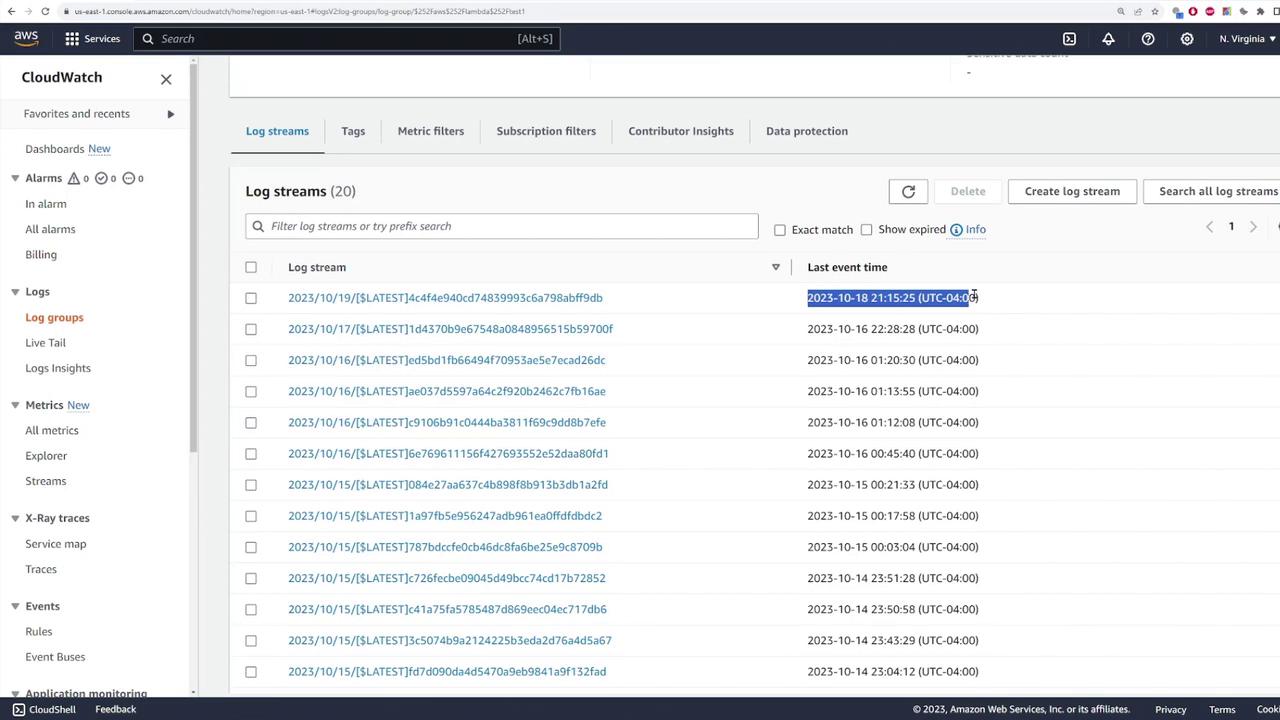 The image shows an AWS CloudWatch interface displaying a list of log streams with their corresponding last event times. The interface includes options for filtering and managing log streams.