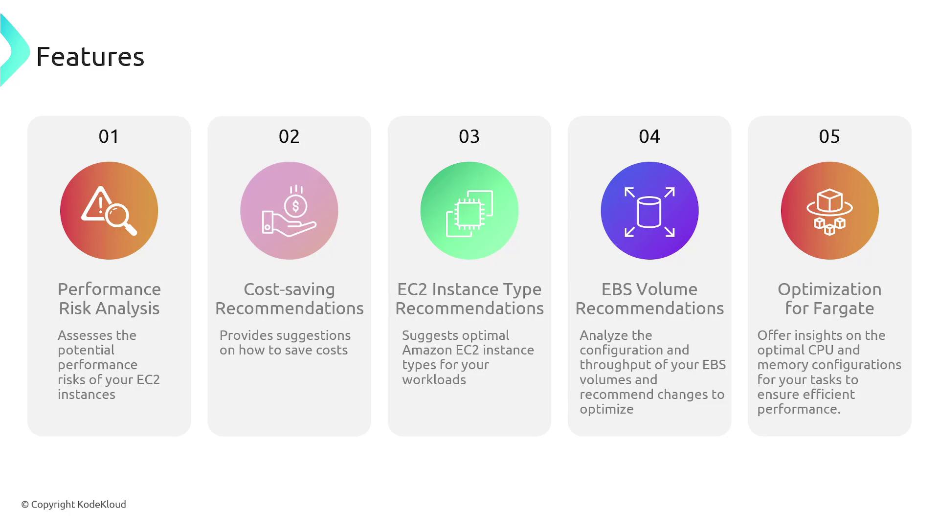 The image lists five features related to cloud optimization: Performance Risk Analysis, Cost-saving Recommendations, EC2 Instance Type Recommendations, EBS Volume Recommendations, and Optimization for Fargate.