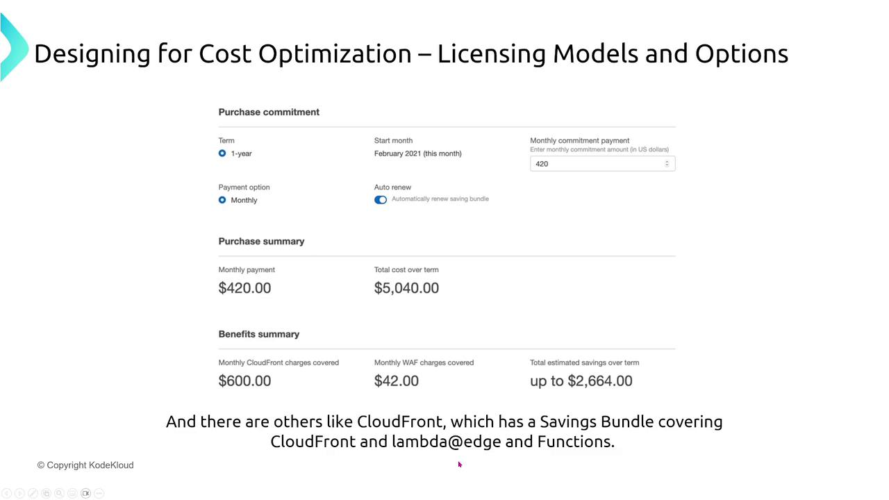 The image is a slide about cost optimization in licensing models, showing a purchase commitment summary with monthly payments and potential savings. It mentions CloudFront and its savings bundle options.