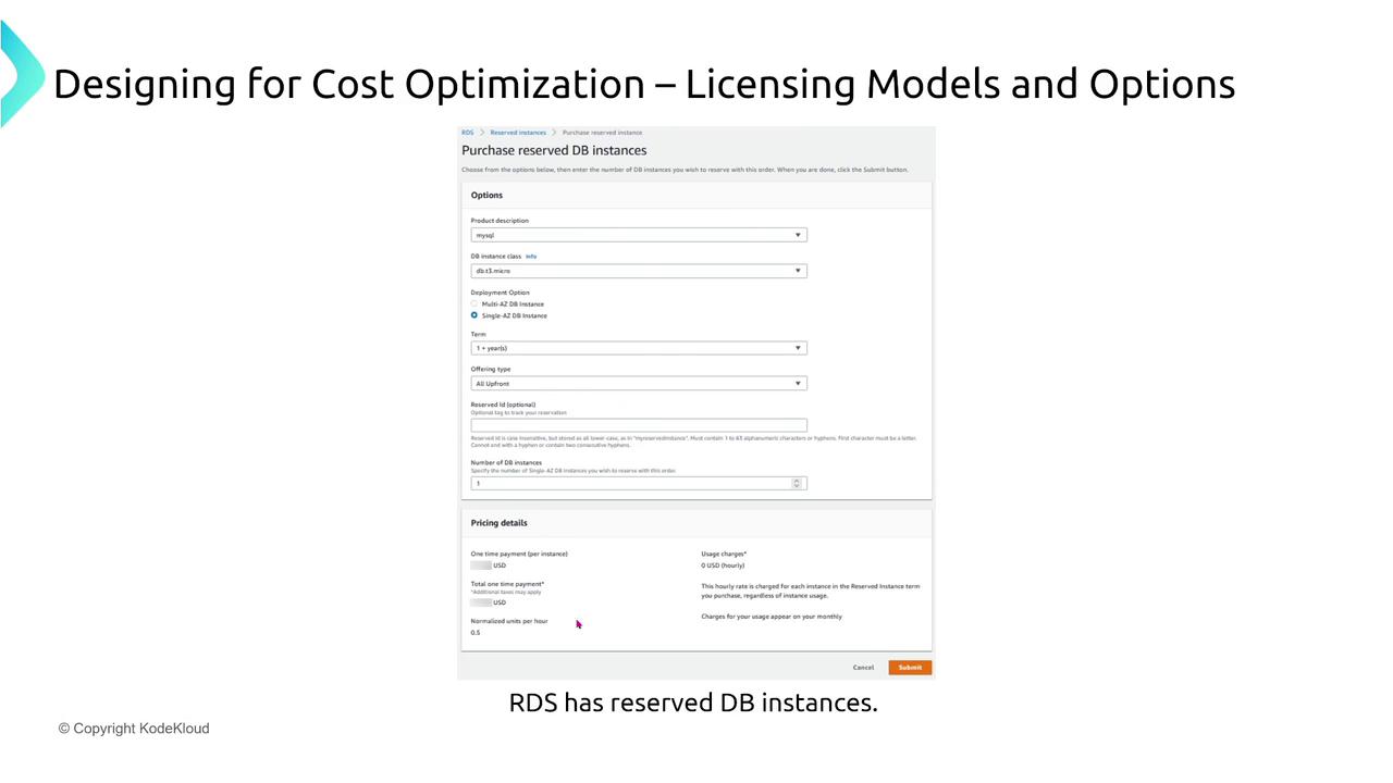 The image shows a form for purchasing reserved database instances, focusing on cost optimization and licensing options. It includes fields for product description, instance class, deployment options, term, and pricing details.