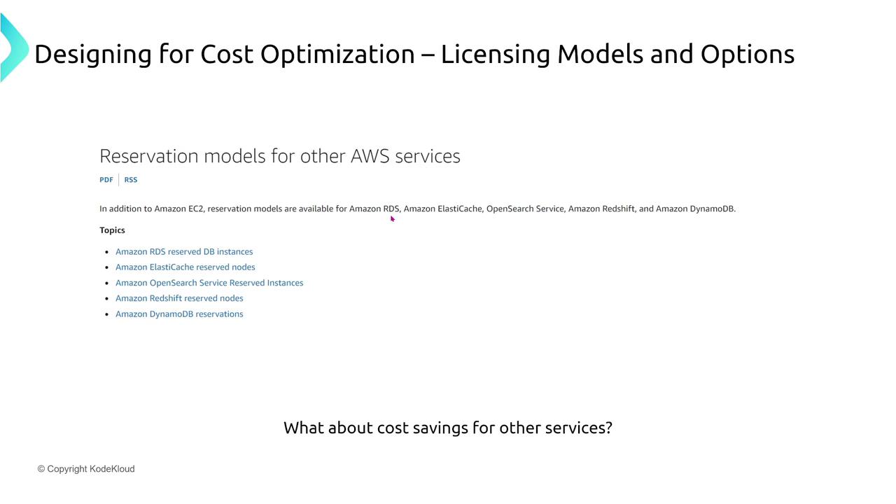 The image is a slide titled "Designing for Cost Optimization – Licensing Models and Options," discussing reservation models for AWS services like Amazon RDS, ElastiCache, OpenSearch, Redshift, and DynamoDB. It includes a question about cost savings for other services.