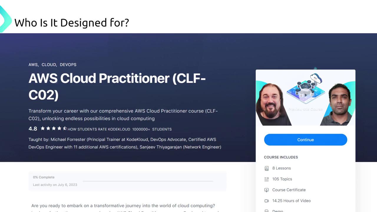The image is a promotional page for an AWS Cloud Practitioner course, highlighting course details, instructors, and a "Continue" button.