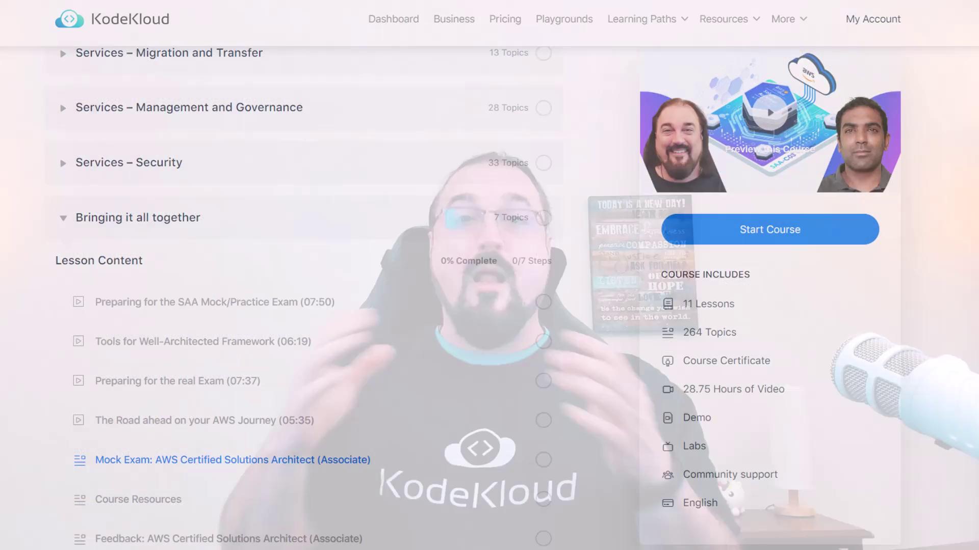 The image shows a KodeKloud course interface for AWS Certified Solutions Architect (Associate) with lesson content and course details, overlaid on a video of a person speaking.