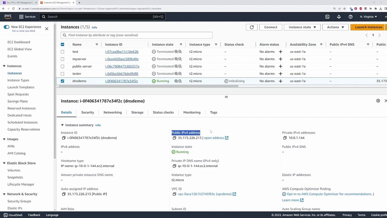 The image shows an AWS EC2 Management Console with a list of instances, highlighting one running instance named "dnsdemo" with details such as its public IPv4 address and instance type.