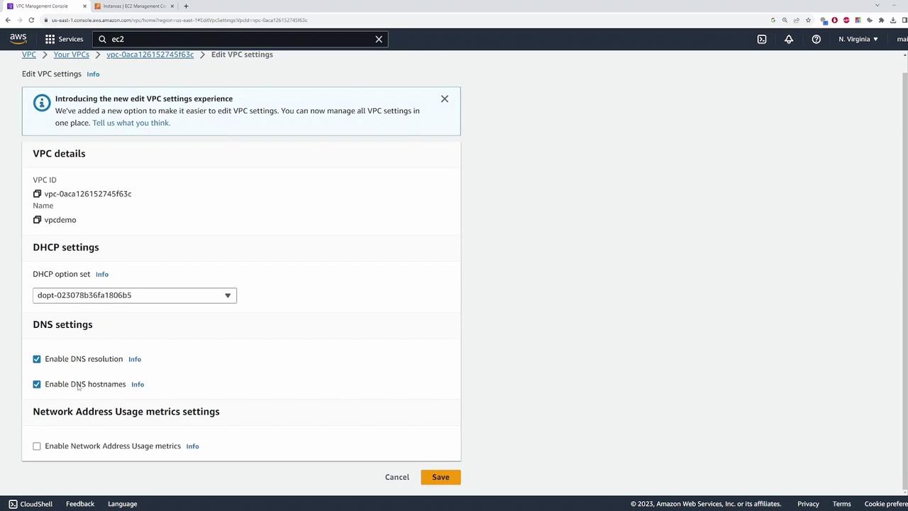 The image shows the AWS VPC Management Console with settings for editing a VPC, including VPC details, DHCP settings, and DNS settings.