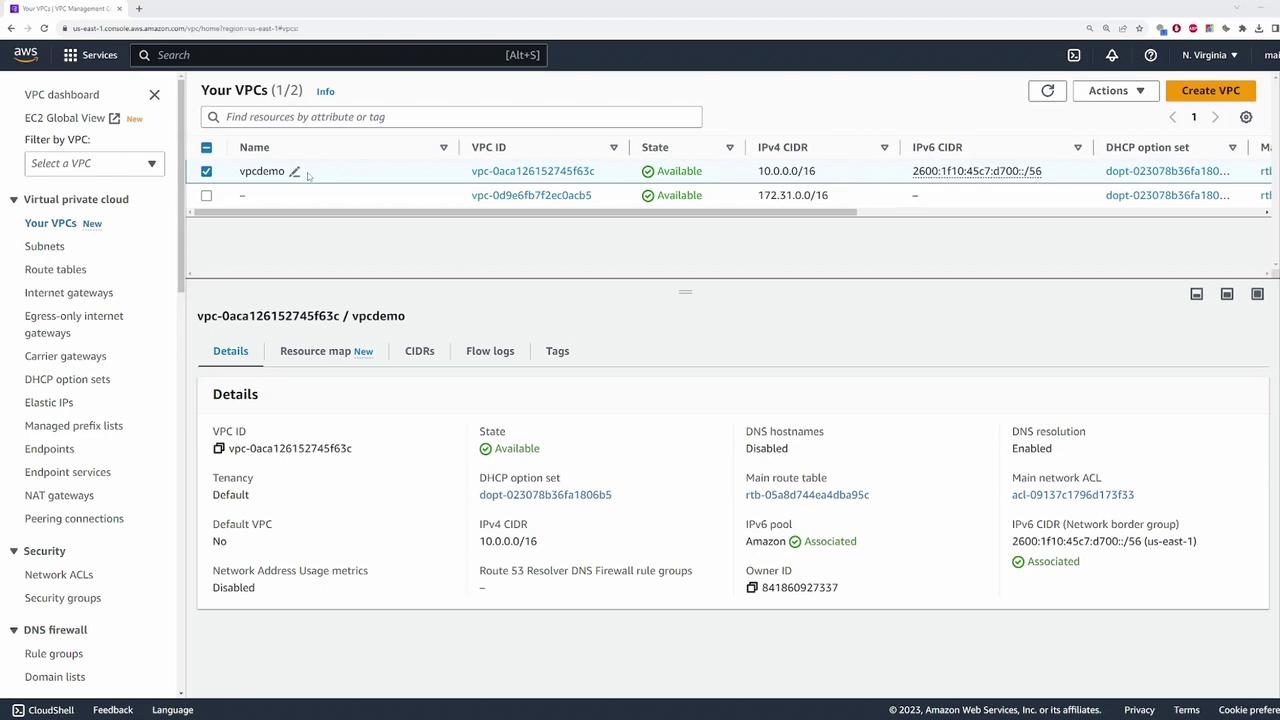 The image shows an AWS VPC (Virtual Private Cloud) management console with details of a specific VPC named "vpcdemo," including its ID, state, and IP configurations.