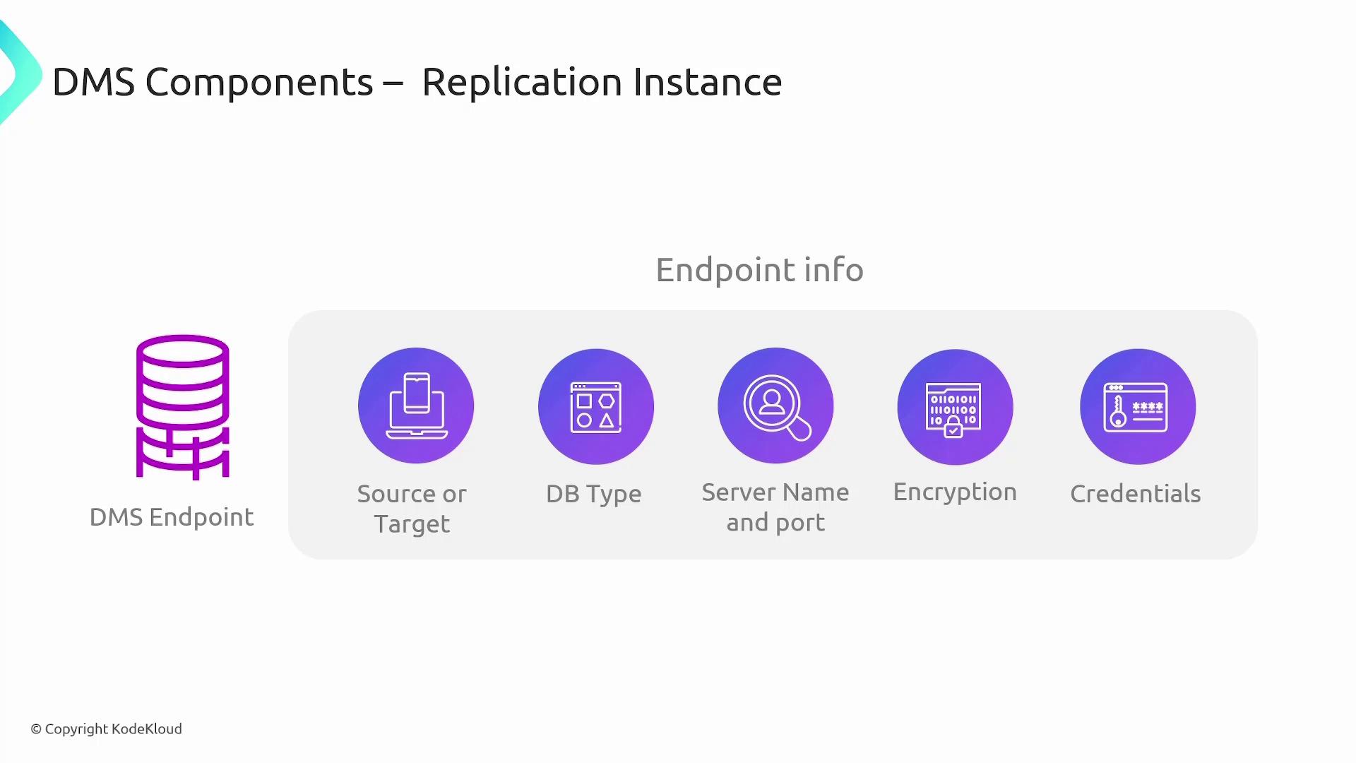 The image illustrates components of a DMS (Database Migration Service) replication instance, highlighting endpoint information such as source or target, DB type, server name and port, encryption, and credentials.