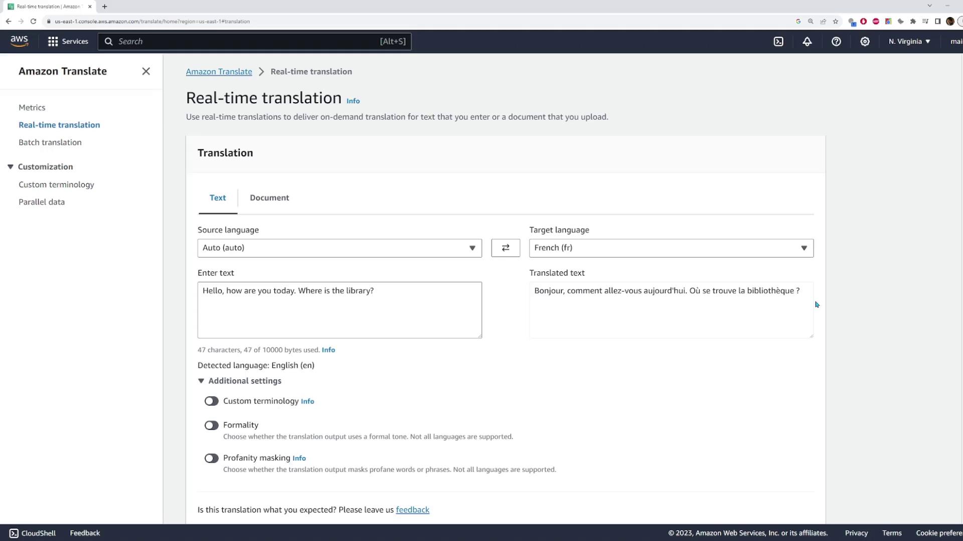 The image shows the Amazon Translate interface, where English text is being translated into French. The input text is "Hello, how are you today. Where is the library?" and the translated text is "Bonjour, comment allez-vous aujourd'hui. Où se trouve la bibliothèque ?"
