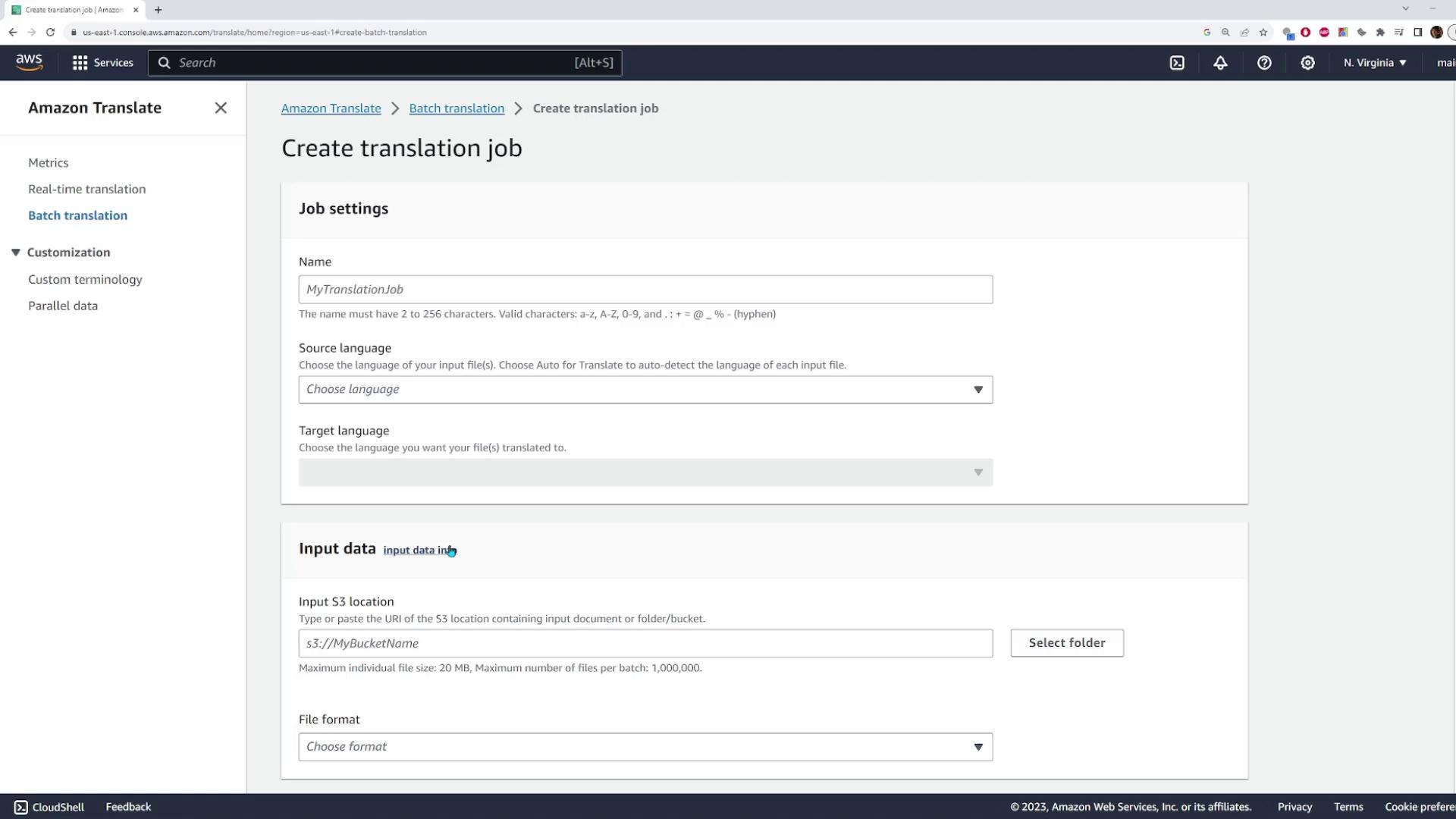 The image shows the Amazon Translate interface for creating a translation job, with options to set the job name, source and target languages, and input data location.