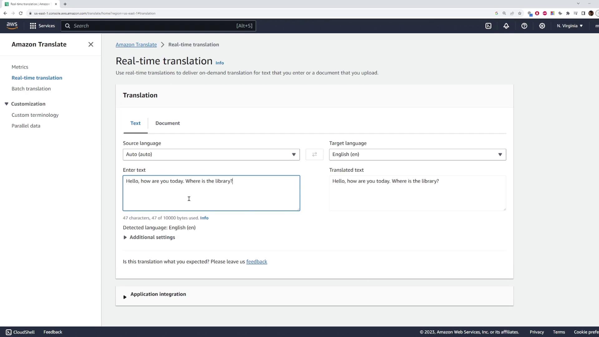 The image shows the Amazon Translate interface with a real-time translation feature. It displays a text input box with the sentence "Hello, how are you today. Where is the library?" and the same text in the translated text box.