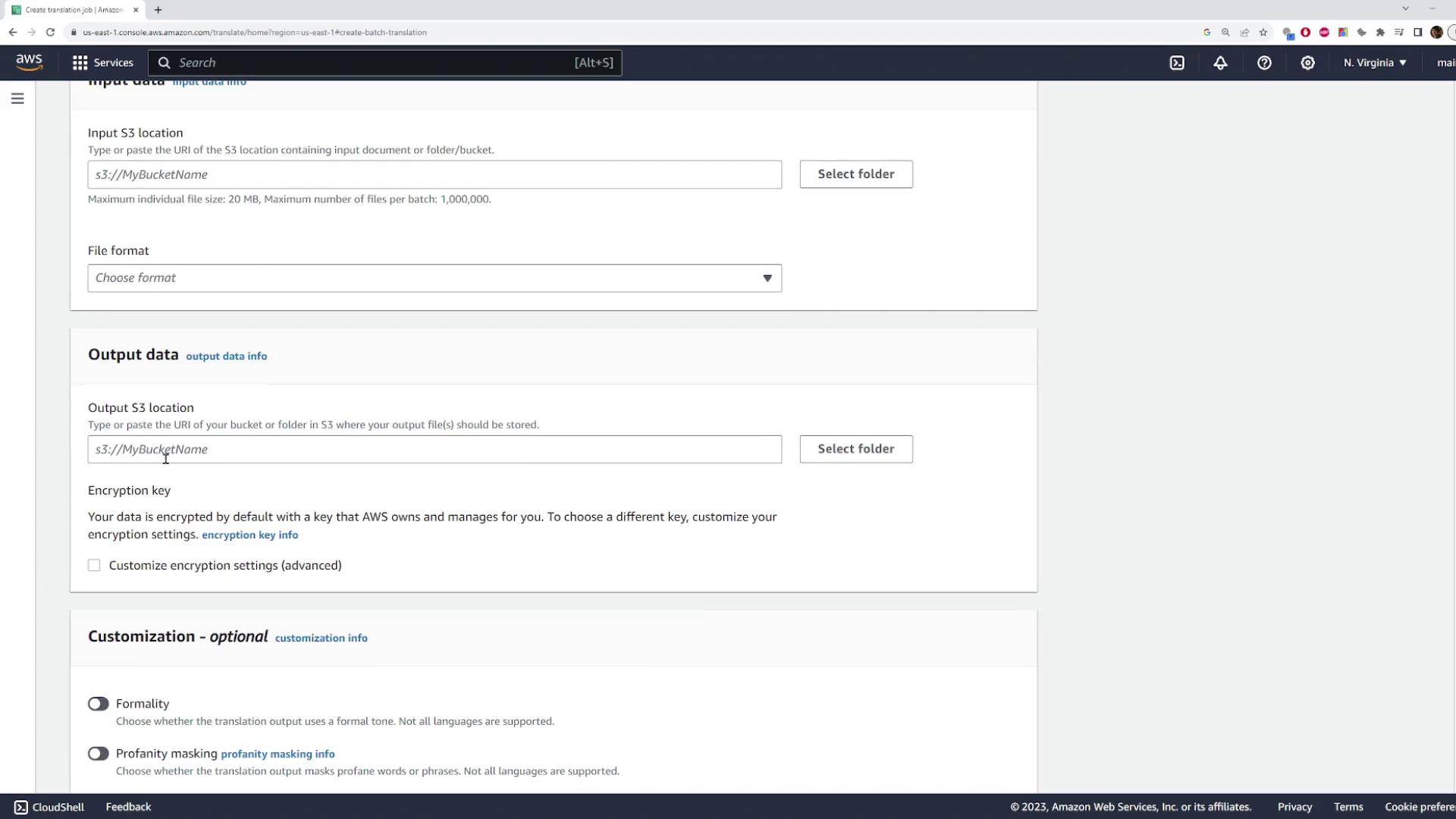 The image shows a screenshot of the AWS console, specifically the page for creating a translation job. It includes fields for input and output S3 locations, file format selection, and optional customization settings.