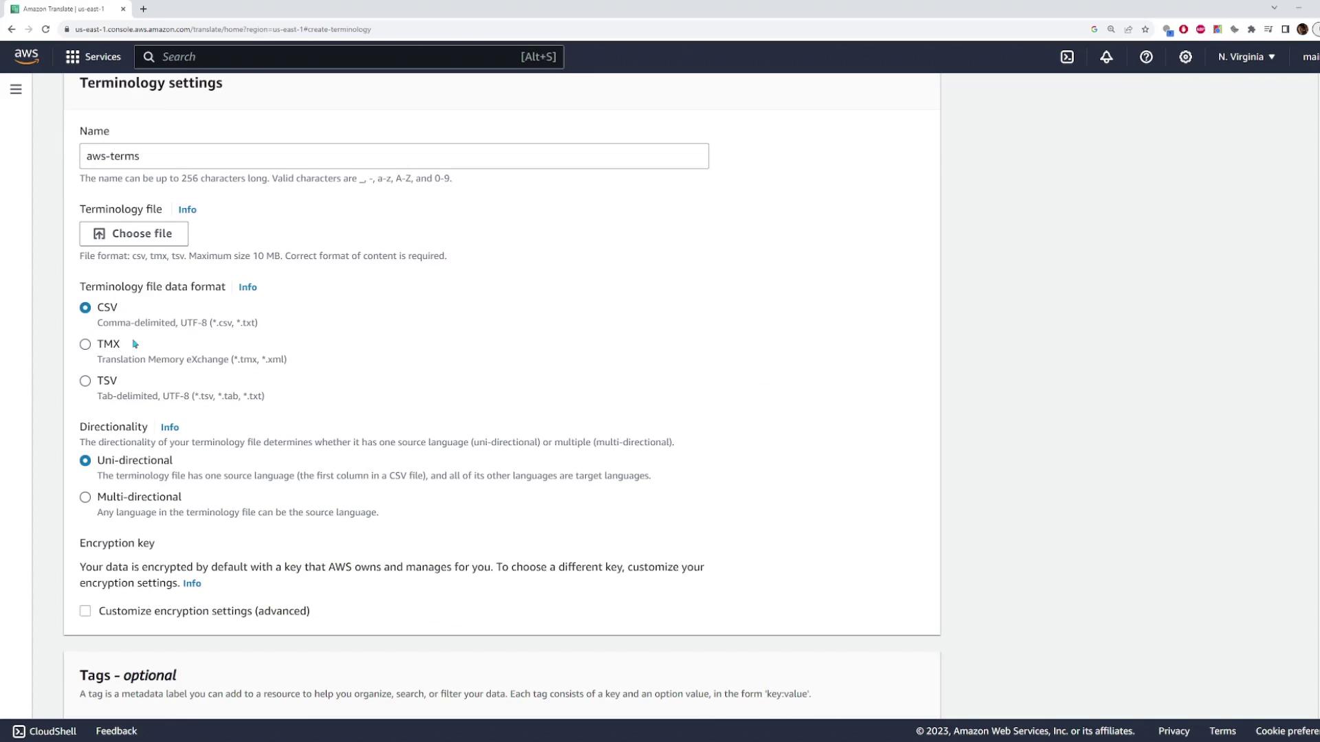 The image shows the "Terminology settings" page in the AWS Translate console, where users can configure terminology file data formats and directionality options.