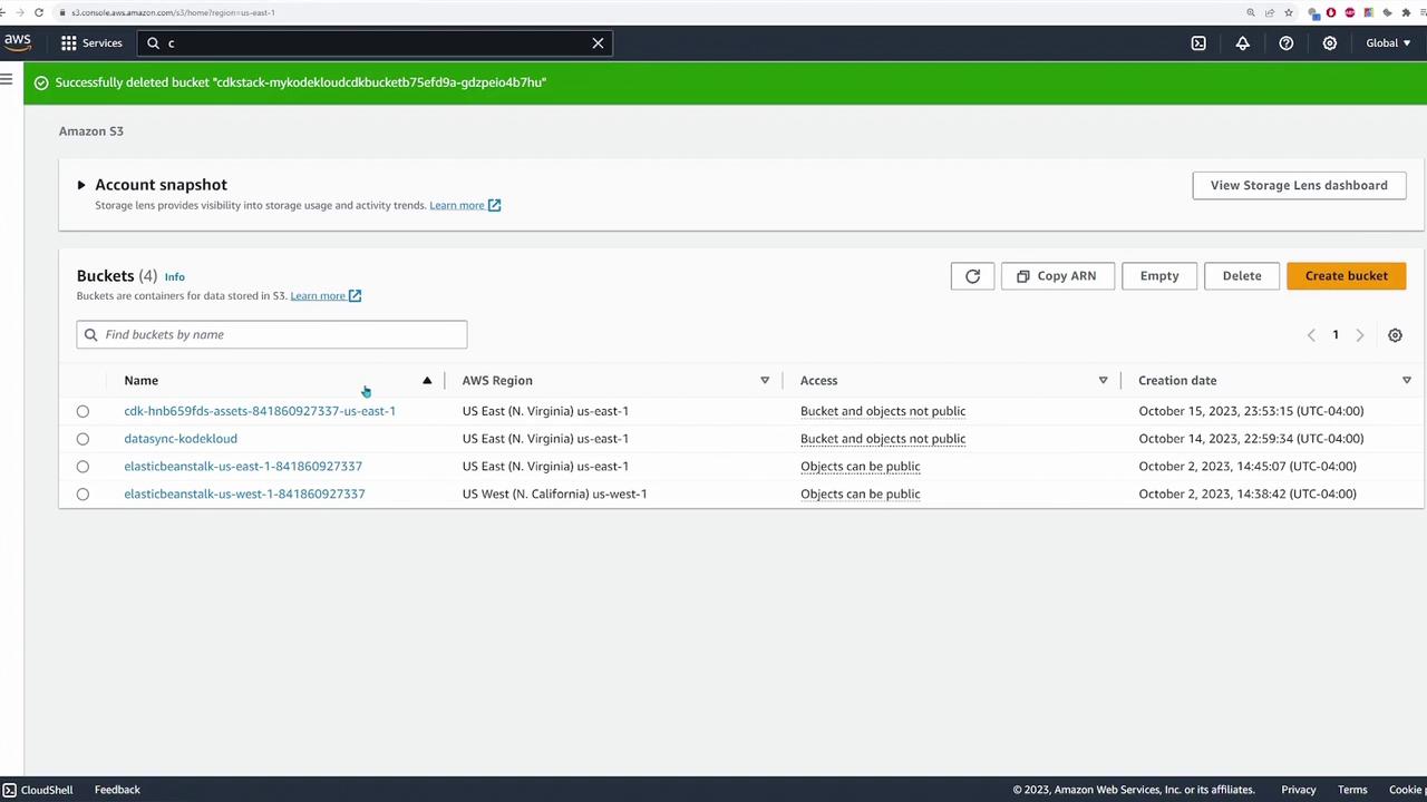 The image shows an Amazon S3 console with a list of buckets, their regions, access settings, and creation dates. A notification at the top indicates a bucket was successfully deleted.