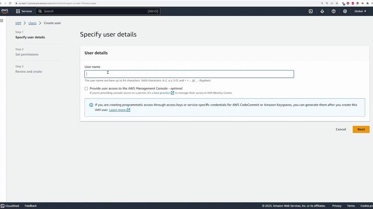 The image shows an AWS IAM console screen for creating a new user, where user details such as the username are specified. There are options for providing user access to the AWS Management Console and creating programmatic access.