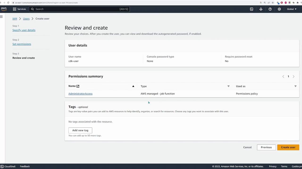 The image shows an AWS IAM console screen for creating a user, displaying user details, permissions summary, and an option to add tags. The user has "AdministratorAccess" permissions.