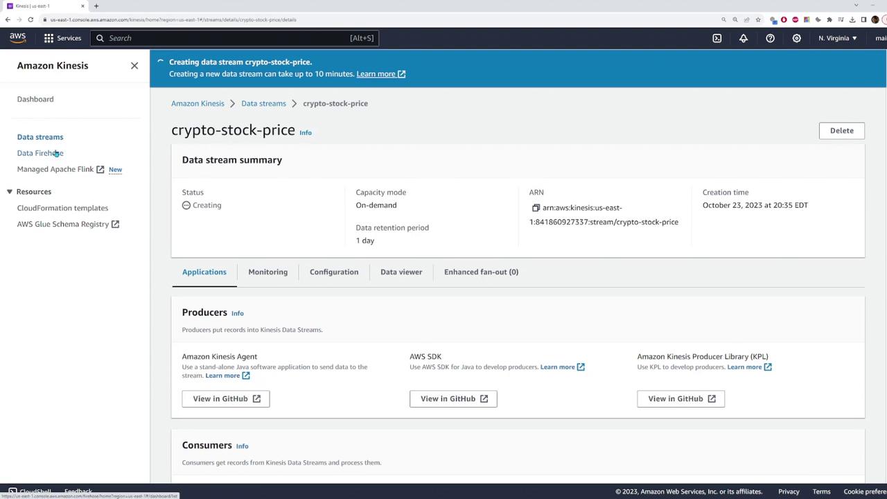 The image shows an Amazon Kinesis console screen where a data stream named "crypto-stock-price" is being created. It includes details like capacity mode, ARN, and creation time, with options for producers and consumers.