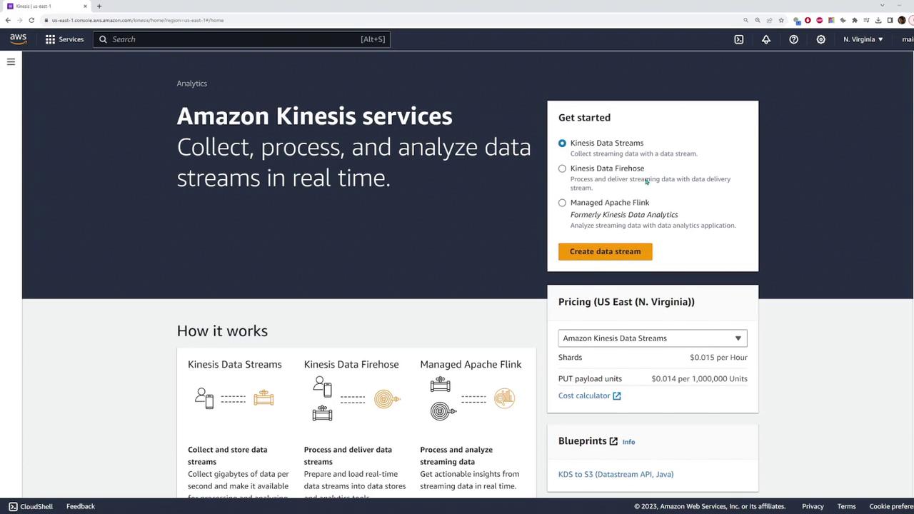 The image shows an Amazon Kinesis services webpage, detailing options for collecting, processing, and analyzing data streams in real time. It includes sections on how it works, pricing, and getting started with options like Kinesis Data Streams and Firehose.