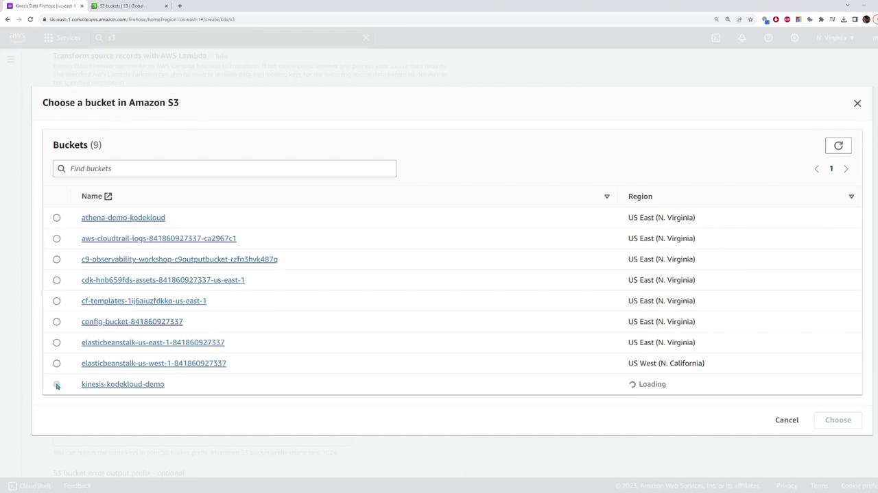 The image shows an Amazon S3 interface with a list of buckets, each with a name and region, allowing the user to choose one.