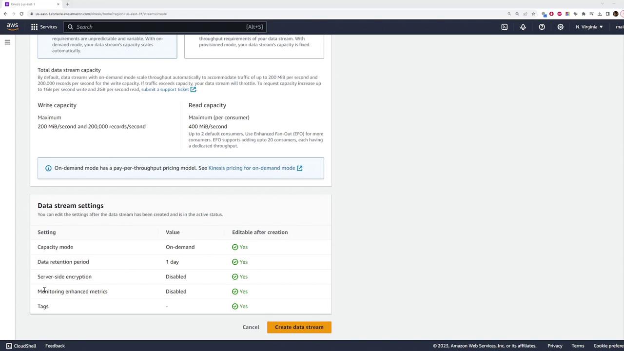 The image shows an AWS Kinesis console screen with settings for creating a data stream, including options for capacity mode, data retention, and encryption.