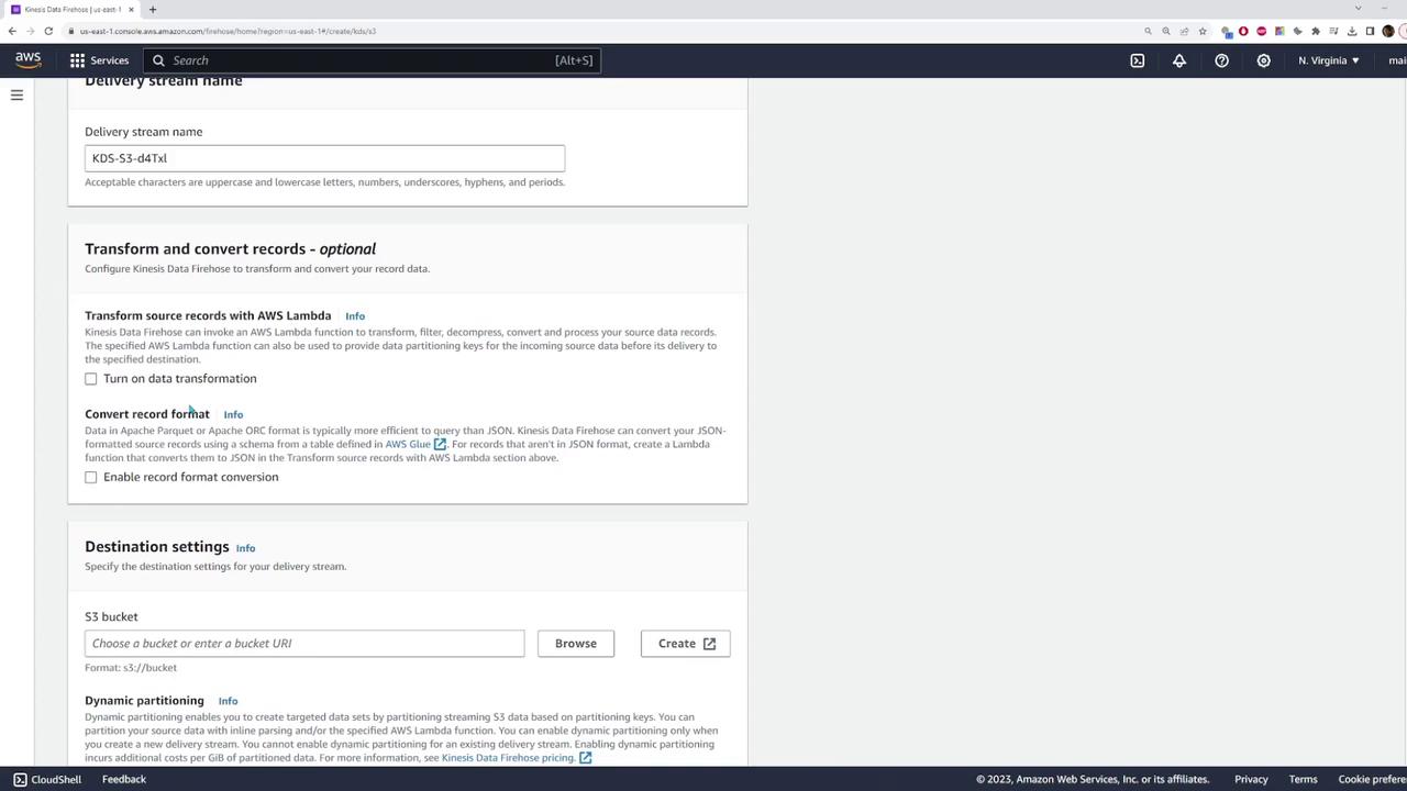 The image shows an AWS Kinesis Data Firehose configuration page, where users can set a delivery stream name, transform and convert records, and specify destination settings like an S3 bucket.