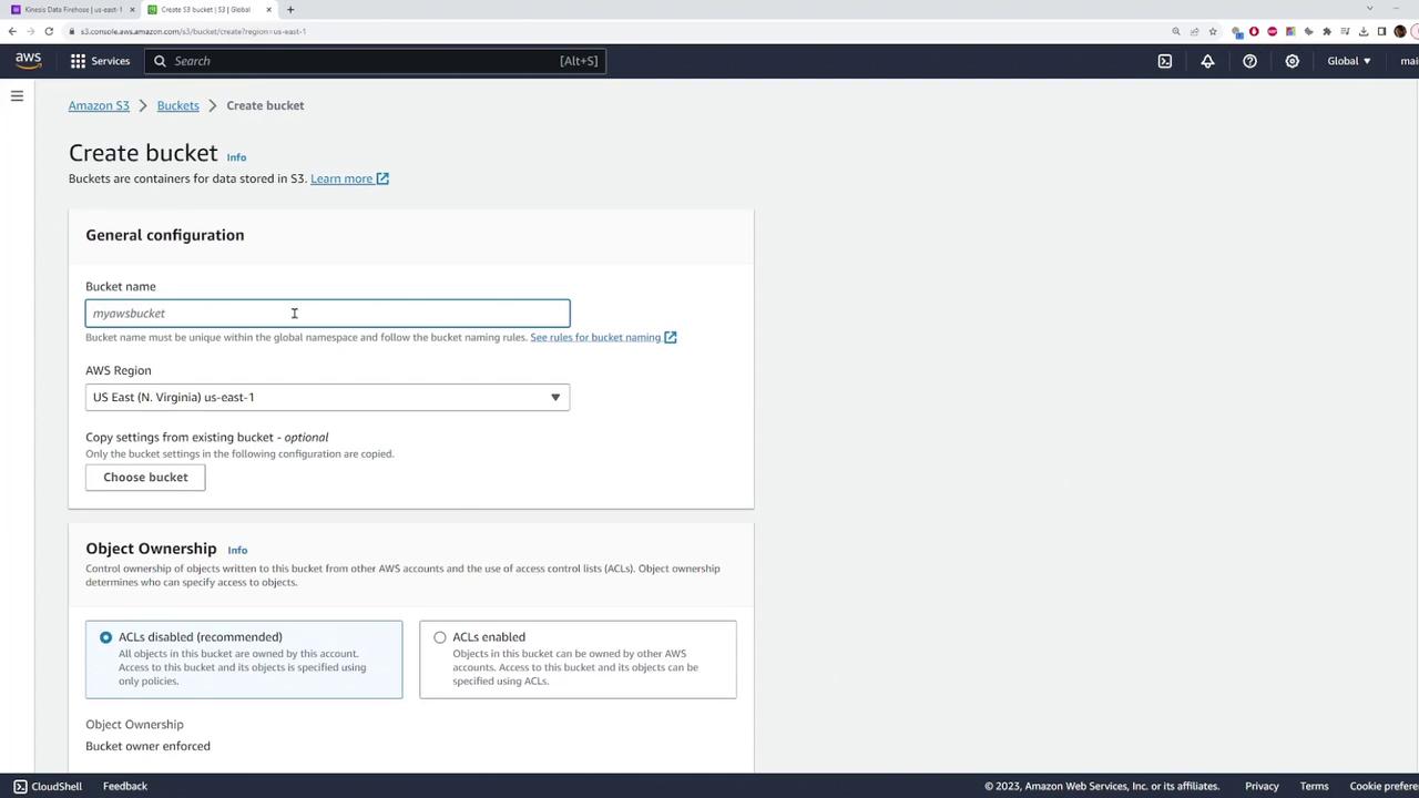 The image shows the AWS S3 interface for creating a new bucket, with fields for bucket name, AWS region, and object ownership settings.
