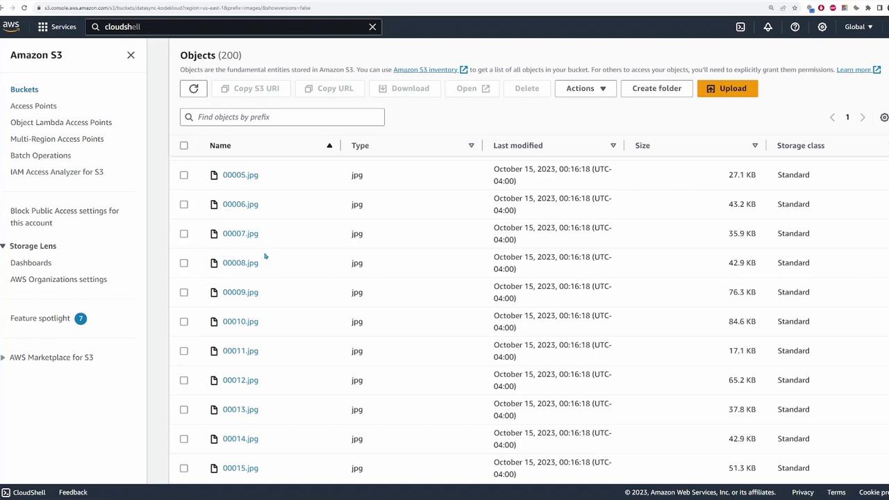 The image shows an Amazon S3 console interface displaying a list of JPEG files with details such as name, type, last modified date, size, and storage class.