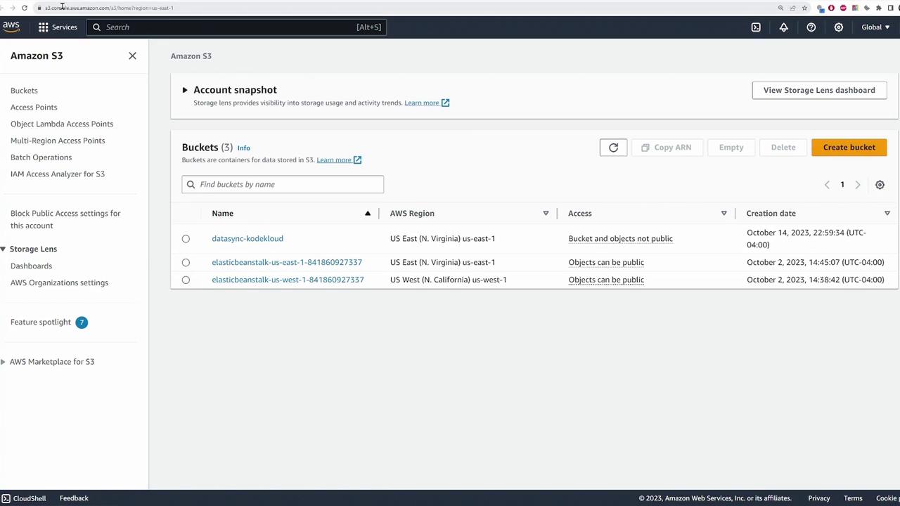 The image shows an Amazon S3 dashboard with a list of storage buckets, their regions, access settings, and creation dates. The interface includes options for managing buckets and accessing various AWS services.