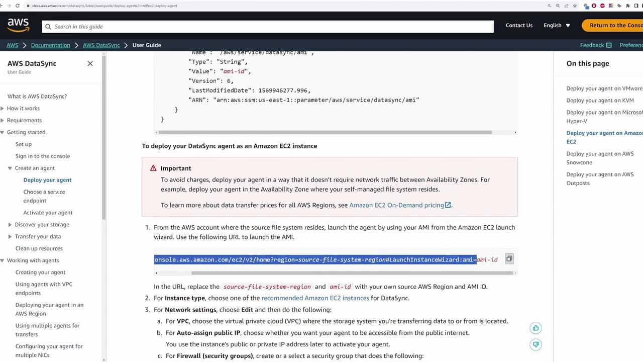 The image shows a section of the AWS DataSync User Guide, specifically detailing instructions on deploying a DataSync agent as an Amazon EC2 instance. It includes a highlighted URL and steps for configuration.