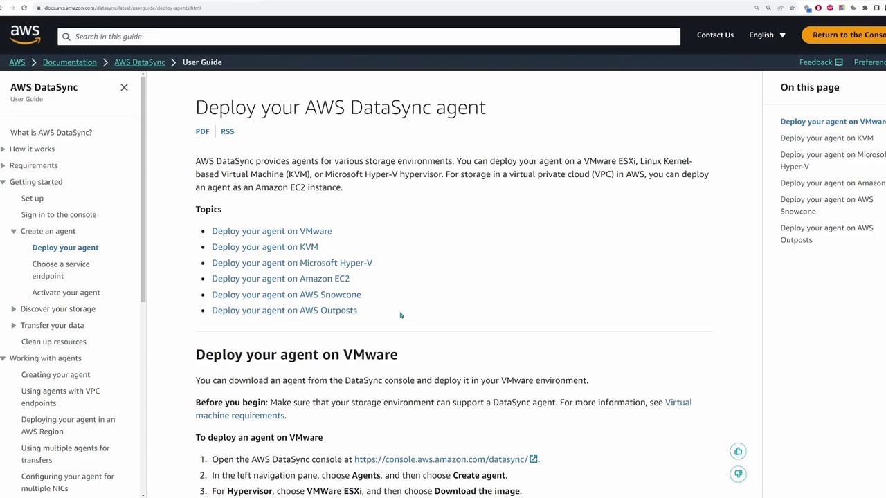 The image is a screenshot of an AWS documentation page titled "Deploy your AWS DataSync agent," detailing how to deploy the agent on various platforms like VMware, KVM, and Amazon EC2.
