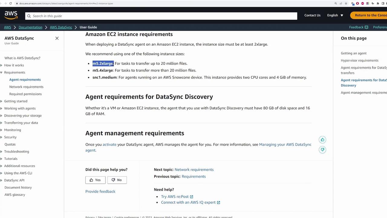 The image shows a webpage from the AWS DataSync User Guide detailing Amazon EC2 instance requirements, including recommended instance sizes for different tasks. It also outlines agent requirements for DataSync Discovery and management.