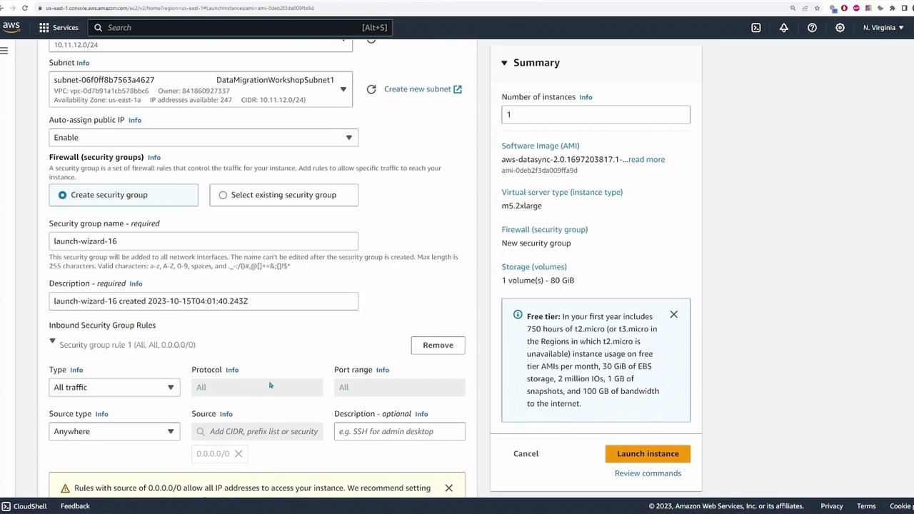 The image shows an AWS EC2 instance launch configuration screen, detailing settings for subnet, security group, and instance type. The summary section on the right provides an overview of the instance details, including software image, server type, and storage volume.